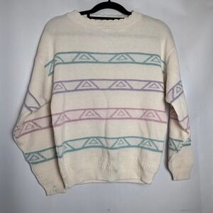 Vintage Cream Metallic Geometric Stripe Crewneck Sweater USA Made Sz Med Petite